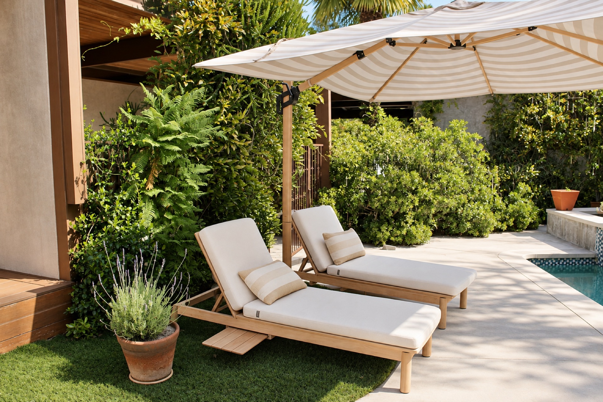 Poolside lounge chairs under an umbrella at a mid-century modern Los Angeles home