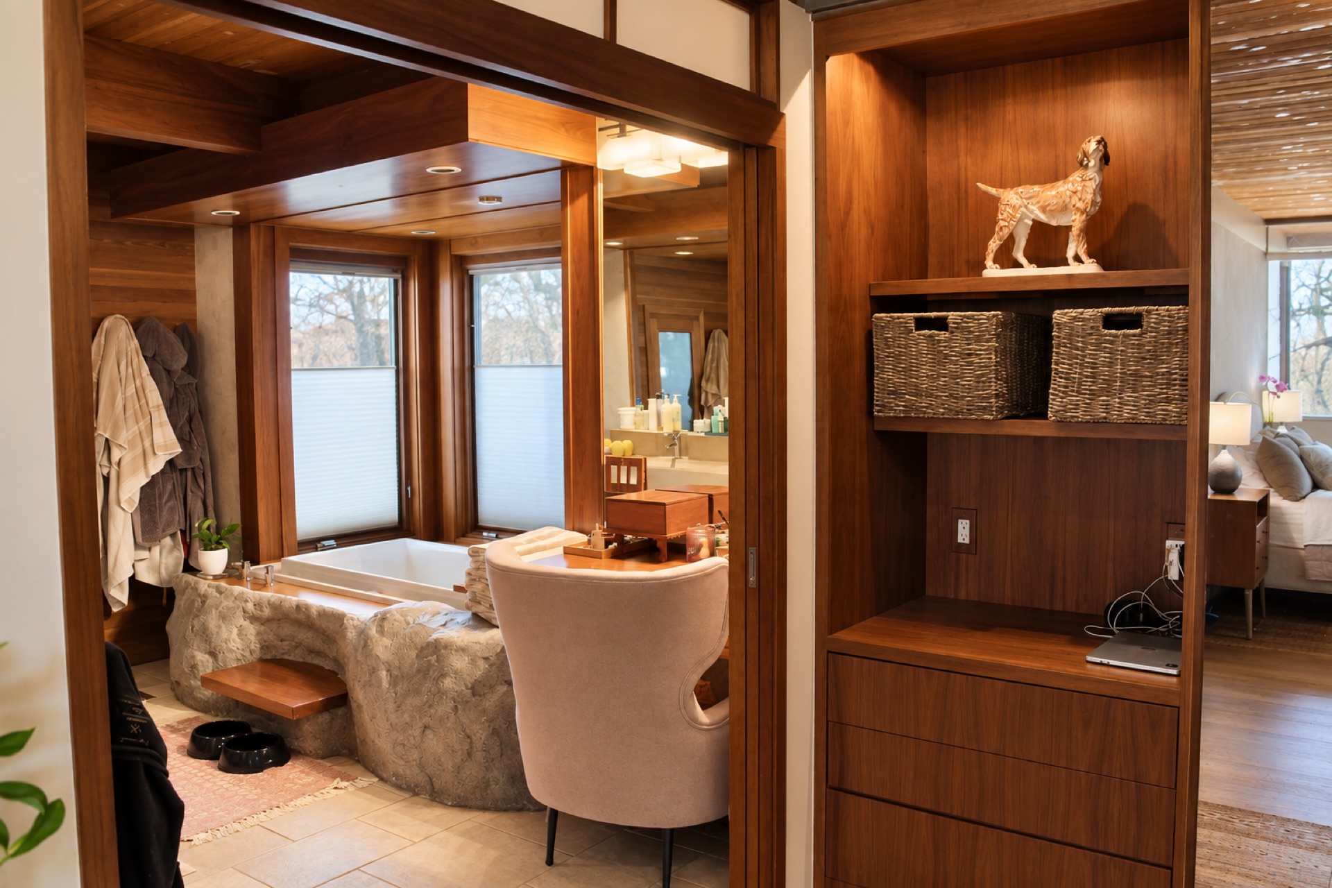 Luxury bathroom with stone-clad soaking tub at The Gift House in Sherman Oaks