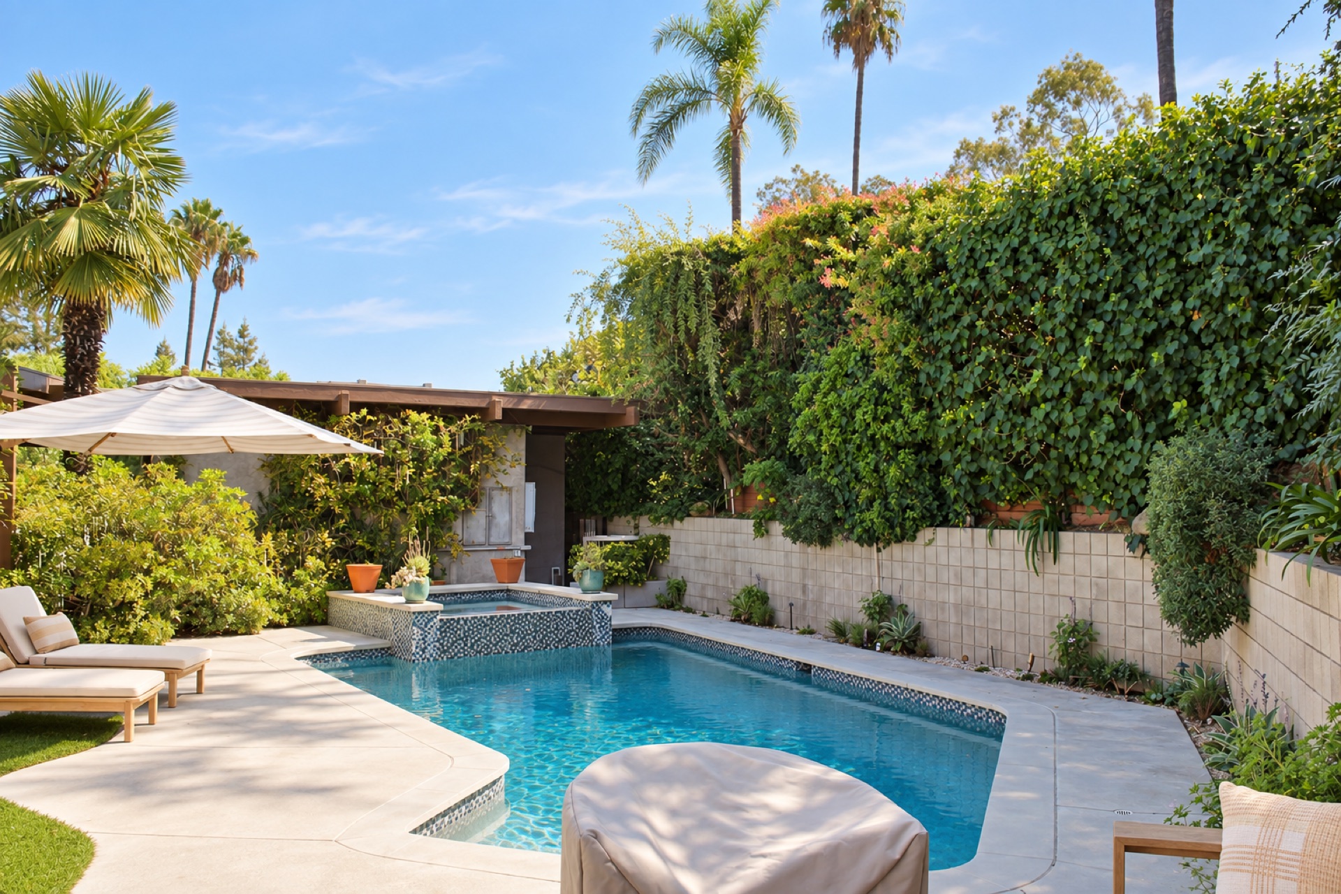 Swimming pool with lounge chairs and palm trees at The Gift House filming location in Sherman Oaks